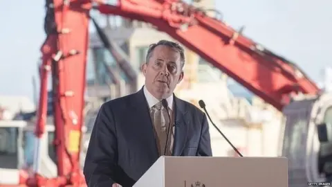 Getty Images Liam Fox speaking at the Royal Portbury Dock in Bristol