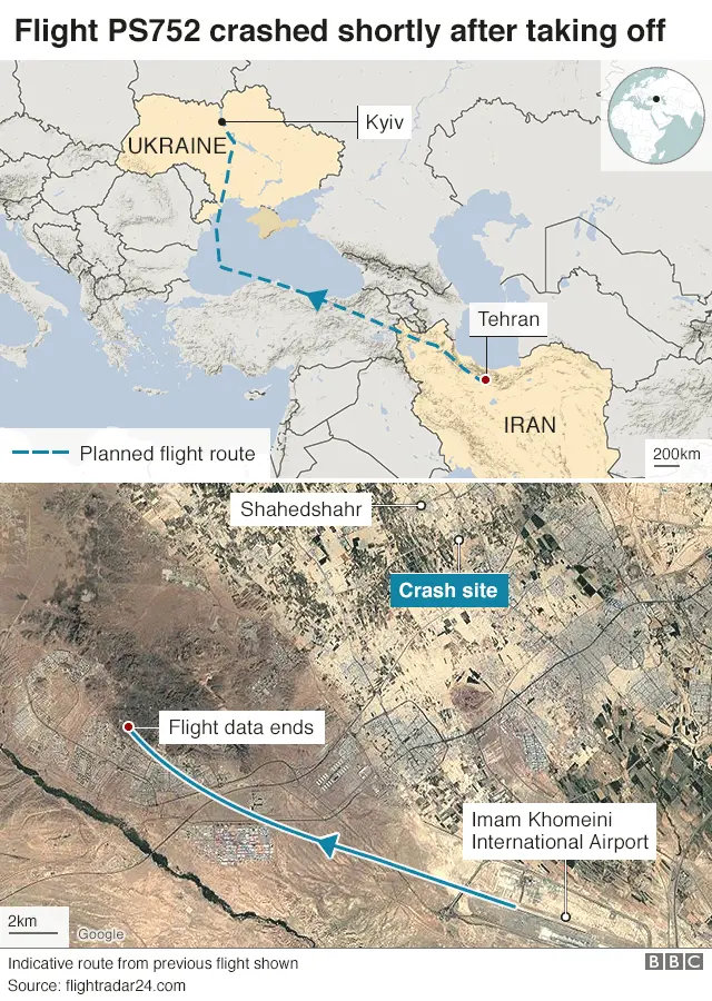 Map showing intended flight path of PS752 from Tehran to Kyiv and the location of the crash site