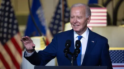US President Joe Biden speaks to guests during an event at Gateway Technical College.