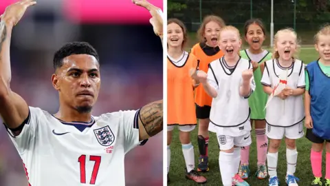 BBC A composite of two pictures - one showing Morgan Rogers in his white England shirt, with the number 17 on it, and the second showing the girls of Halas Hawks, in different coloured kits and shin pads cheering.