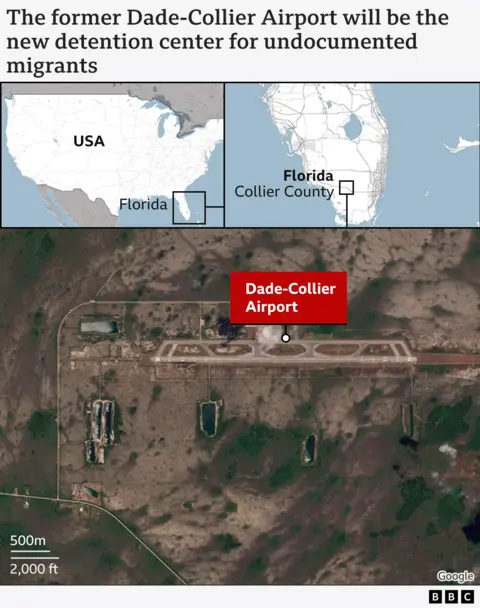 Map shows two graphics showing maps of Florida and the US and then a surveillance picture of the Dade-Collier airport