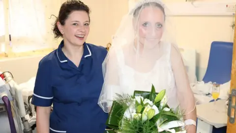 Betsi Cadwaladr Health Board Ward Manager Delyth Kotkowicz with bride Lynda Bailey