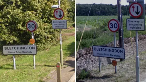 BBC Signs saying Bletchington and Bletchingdon