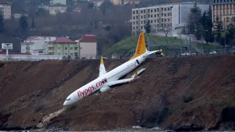 Reuters Pegasus Airlines aircraft pictured after it skidded off the runway at Trabzon airport by the Black Sea, Turkey, January 14, 2018