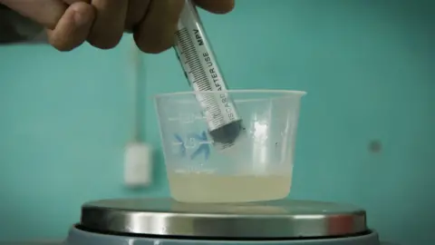 BBC Extracting the bacteria for adding to a water based solution using a syringe.