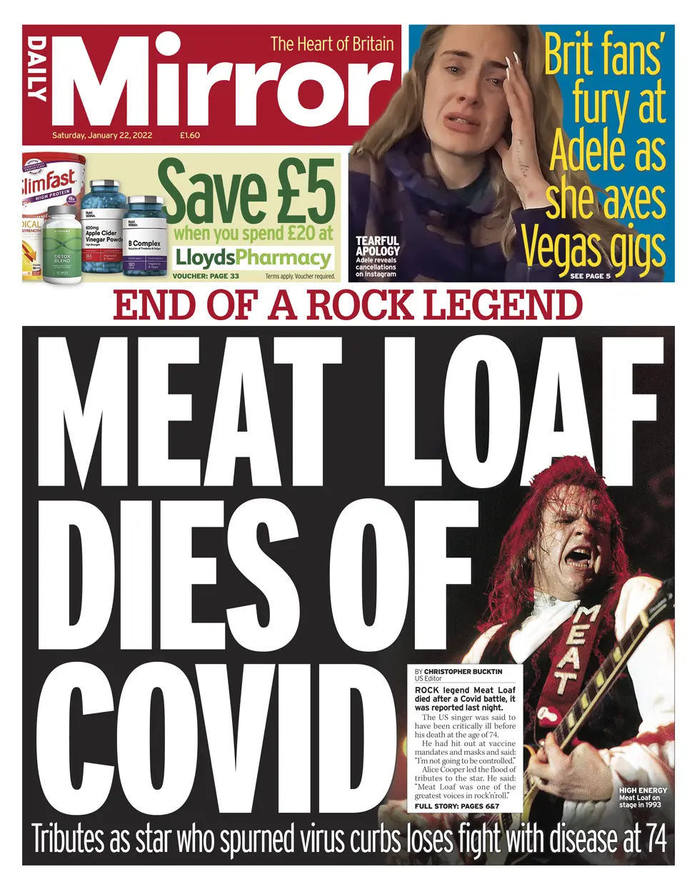 BBC Daily Mirror front page - 22/01/22