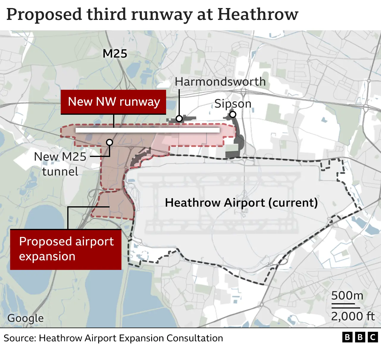 Map of Heathrow airport showing expansion area