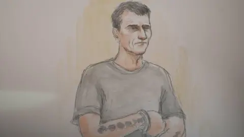 Helen Tipper Court sketch (courtroom drawing) of Paul Russell, seen at Liverpool Magistrates Court on 3 October 2022