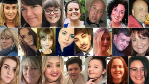 Top (left to right): Lisa Lees, Alison Howe, Georgina Callender, Kelly Brewster, John Atkinson, Jane Tweddle, Marcin Klis - Middle (left to right): Angelika Klis, Courtney Boyle, Saffie Roussos, Olivia Campbell-Hardy, Martyn Hett, Michelle Kiss, Philip Tron, Elaine McIver - Bottom (left to right): Eilidh MacLeod, Wendy Fawell, Chloe Rutherford, Liam Allen-Curry, Sorrell Leczkowski, Megan Hurley, Nell Jones