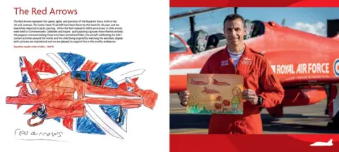 Mention the War Jack's drawing of the Red Arrows on the left-hand page and a photograph of squadron leader Adam Collins on the right holding one of Jack's drawings