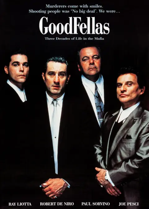 Everett Collection Inc / Alamy Stock Photo A poster to promote the GoodFellas film reads "Murderers come qwith smiles. Shooting people was no big deal. We were... GoodFellas".