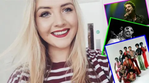 Emma Lewis with three of her favourite artists, Train, Stevie Wonder and Earth Wind and Fire