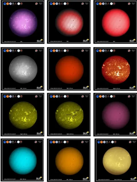 Isro the agency released the first-ever full-disk images of the Sun in wavelengths ranging from 200 to 400 nanometre, saying they provided "insights into the intricate details of the Sun's photosphere and chromosphere".