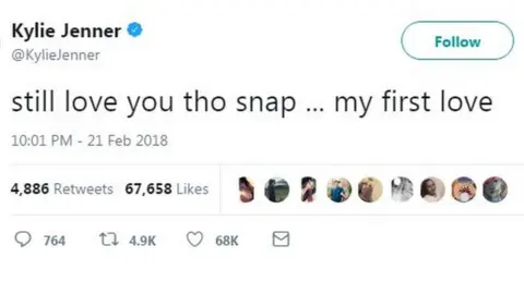 Twitter/KylieJenner A tweet from Kylie Jenner saying snap is her "first love"