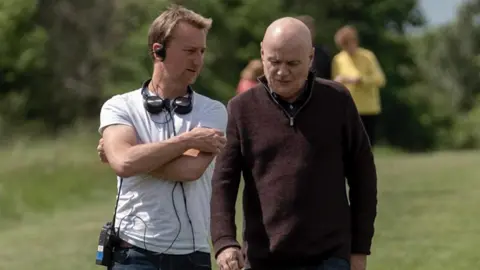 Met Film Production Stewart Le Marechal (left) and actor Dave Johns on the set of new film 23 Walks