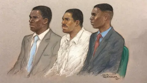 Julia Quenzler Court drawing of Merse Dikanda, Jonathan Okigbo and George Koh appearing at the Old Bailey