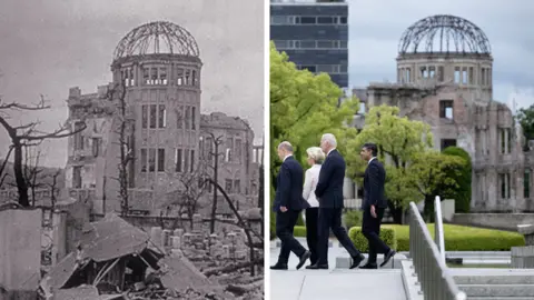 Getty Images G7 leaders walk past the Atomic Bomb Dome in the Hiroshima Peace Memorial at the sidelines of the summit on May 19, 2023