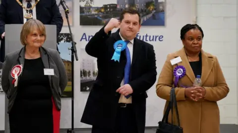 PA Media Conservative candidate Louie French celebrates victory in the Old Bexley and Sidcup by-election
