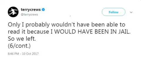 Twitter "Only I probably wouldn't have been able to read it because I WOULD HAVE BEEN IN JAIL. So we left. (6/cont.)"