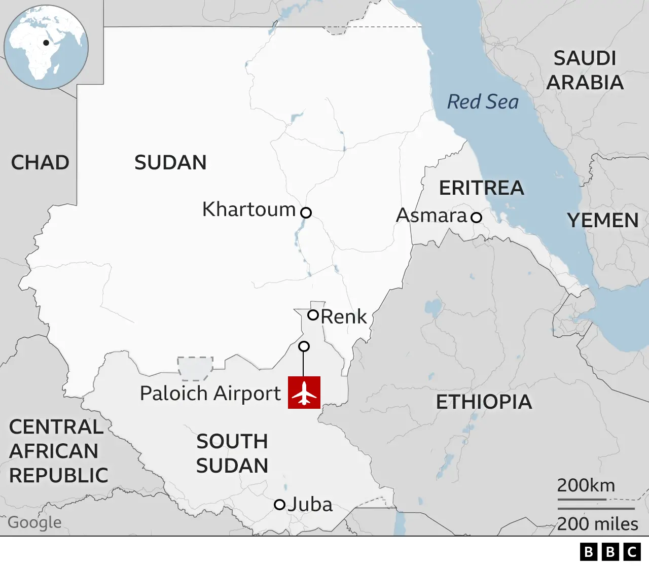 BBC map showing the location of Renk and Paloich Airport within South Sudan