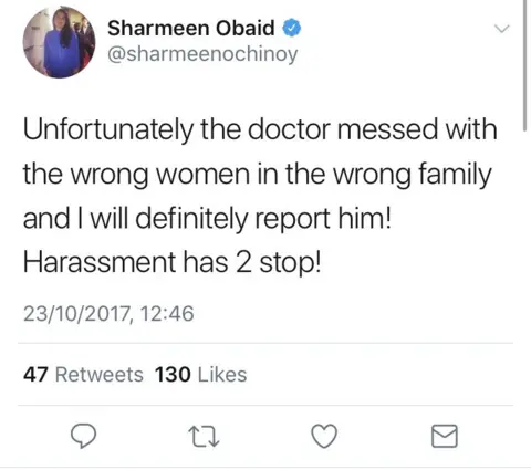 Sharmeen Obaid / Twitter Tweet by Sharmeen Obaid: "Unfortunately the doctor messed with the wrong women in the wrong family and I will definitely report him. Harassment has to stop!"