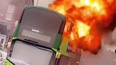 Leeds double decker bus on fire