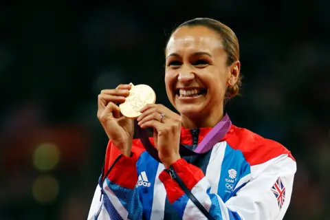 Getty Images Gold medallist Jessica Ennis of Great Britain poses on the podium during the medal ceremony for Women's Heptathlon on Day 8 of the London 2012 Olympic Games at Olympic Stadium on August 4, 2012 in London, England.