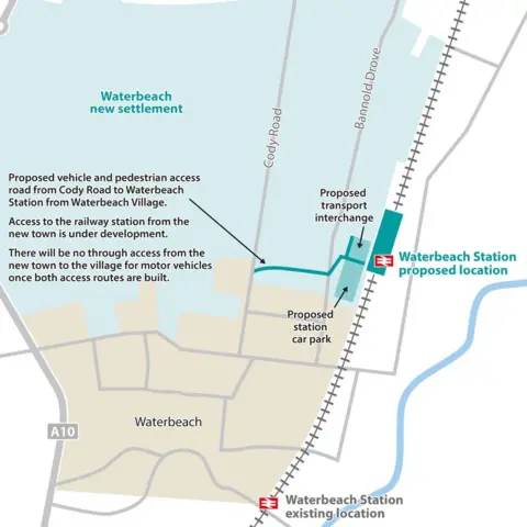 Greater Cambridge Partnership Map showing where the present Waterbeach station is and where it will move to