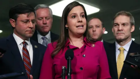 Getty Images Elise Stefanik takes questions during Donald Trump's 2019 impeachment trial