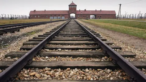 Getty Images Railway outside Auschwitz concentration camp entrance