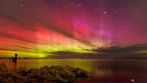 DAN DIRKS A pink, red and purple sky lit up by the Aurora Australis over Lake Elleswhere, New Zealand on 24 March