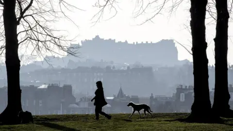 PA A woman walking her dogs in Inverleith Park, Edinburgh