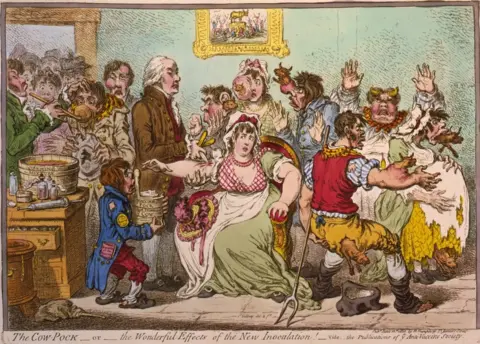 Newspaper cartoon depicting people receiving a vaccine and getting cow parts growing out of their faces