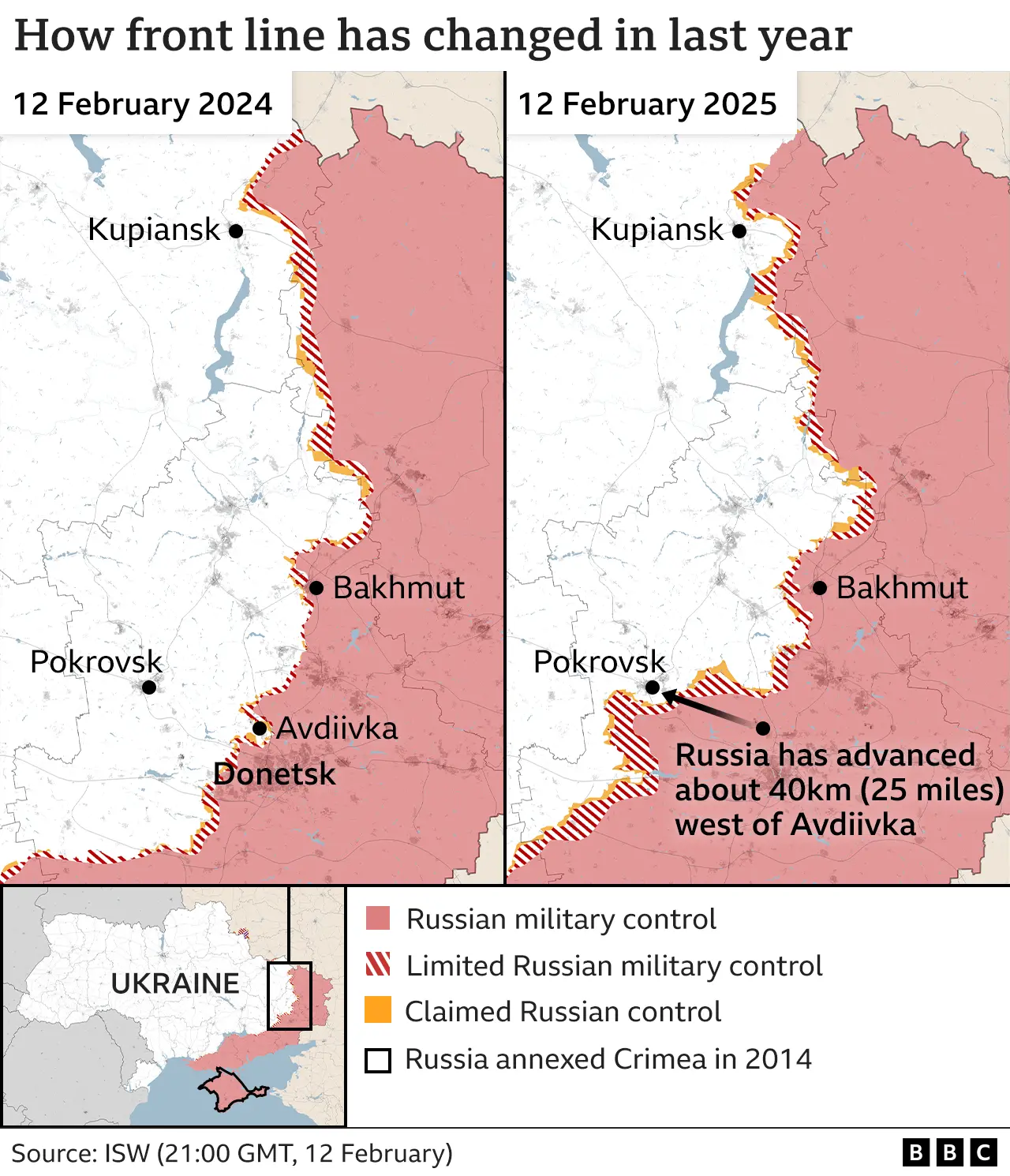 Two maps showing which areas of east of Ukraine are under Russian military control or limited Russian control on 12 February 2024 and 12 February 2025 - showing Russia area of control has moved slightly west. It highlights that the biggest advance is west of Avdiivka where Russia has advanced about 40km.