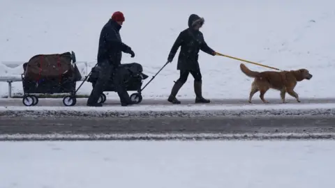 Jacob King/PA Media Dog owners battling through snow to get to Crufts