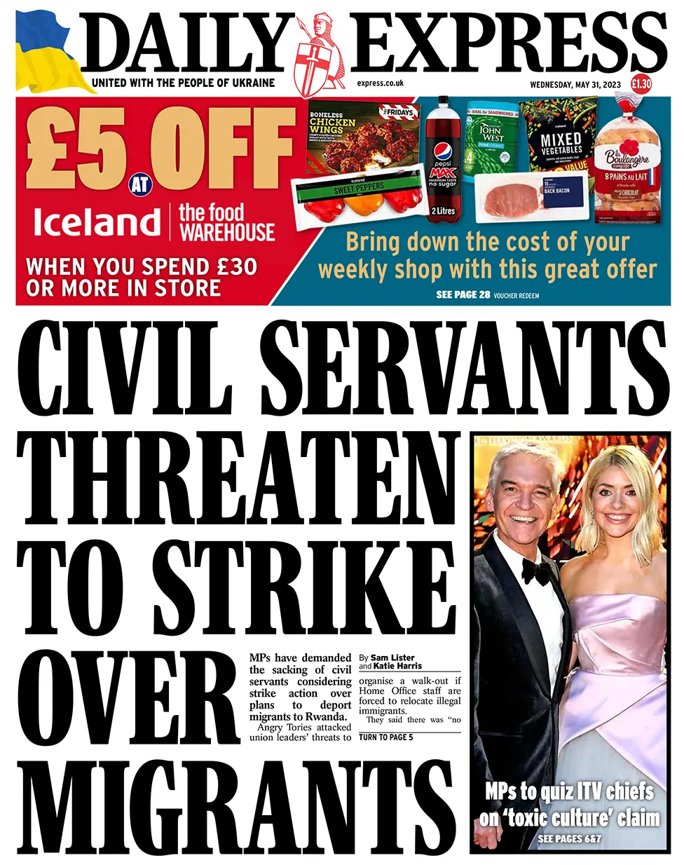 The headline in the Express reads: "Civil servants threaten to strike over migrants"