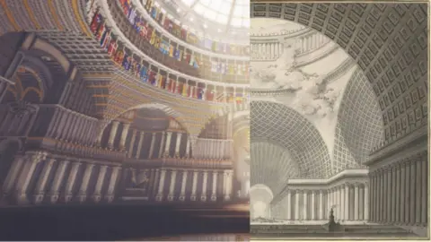 Minecraft/RWB/Blockworks Minecraft library alongside unbuilt design for a French national library