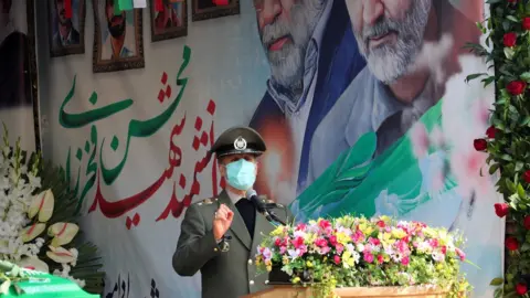 Reuters Defence Minister General Amir Hatami speaks at Mohsen Fakhrizadeh's funeral in Tehran (30 November 2020)