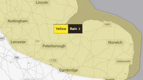 MET OFFICE A yellow area shows on the map where a yellow weather warning is in place across parts of Cambridgeshire, Northamptonshire, Suffolk and Norfolk