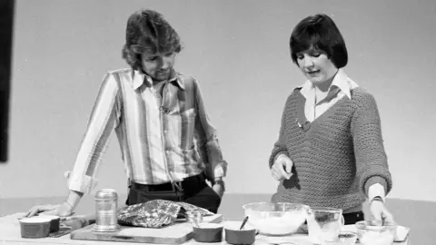 Delia Smith and Noel Edmonds on 'Multi-Coloured Swap Shop'.