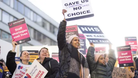 Getty Images Picket line supporters with placards