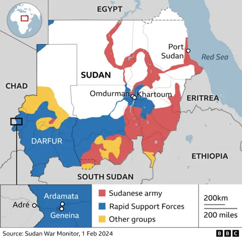 . Map showing locations of Khartoum, Omdurman, Port Sudan and Ardamata and Geneina in Darfur, as well as areas of control of Sudan army and RSF.