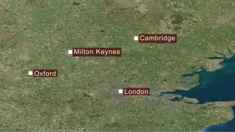 BBC/Vizmaps map showing Cambridge, Milton Keynes and Oxford