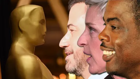 Getty Images Previous Oscars hosts Jimmy Kimmel, Ellen DeGeneres and Chris Rock facing the Oscars statuette