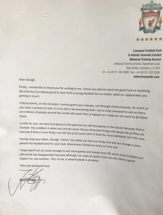 Gordon Curley The letter from Klopp