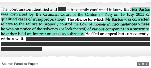 Document extract: "...Mr Bastos was convicted by the Criminal Court of the Canton of Zug on 13 July 2011 of qualified cases of misappropriation. The offence Mr Bastos was convicted for relates to the failure to properly control the flow of monies in circumstances where he was on notice of the solvency (or lack thereof) of various companies in a structure he either held an interest or acted as a director..."