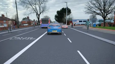 BCP Council CGI of how new cycle and bus lanes will look in Ringwood Road, looking south towards Albion Close