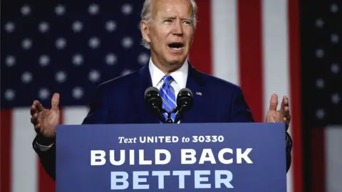 Getty Images Democratic presidential candidate and former Vice-President Joe Biden speaks at a "Build Back Better" Clean Energy event in Delaware, 14 July 2020