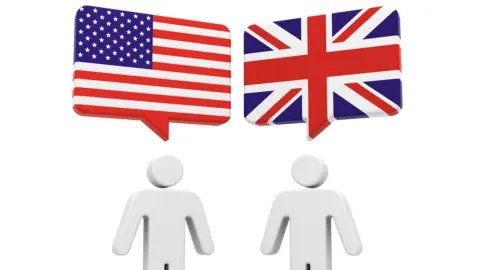 Graphic showing two men - one speaking American English and one speaking British English