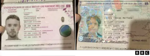 Unverified images of passports of Chris Parry and Andrew Bagshaw